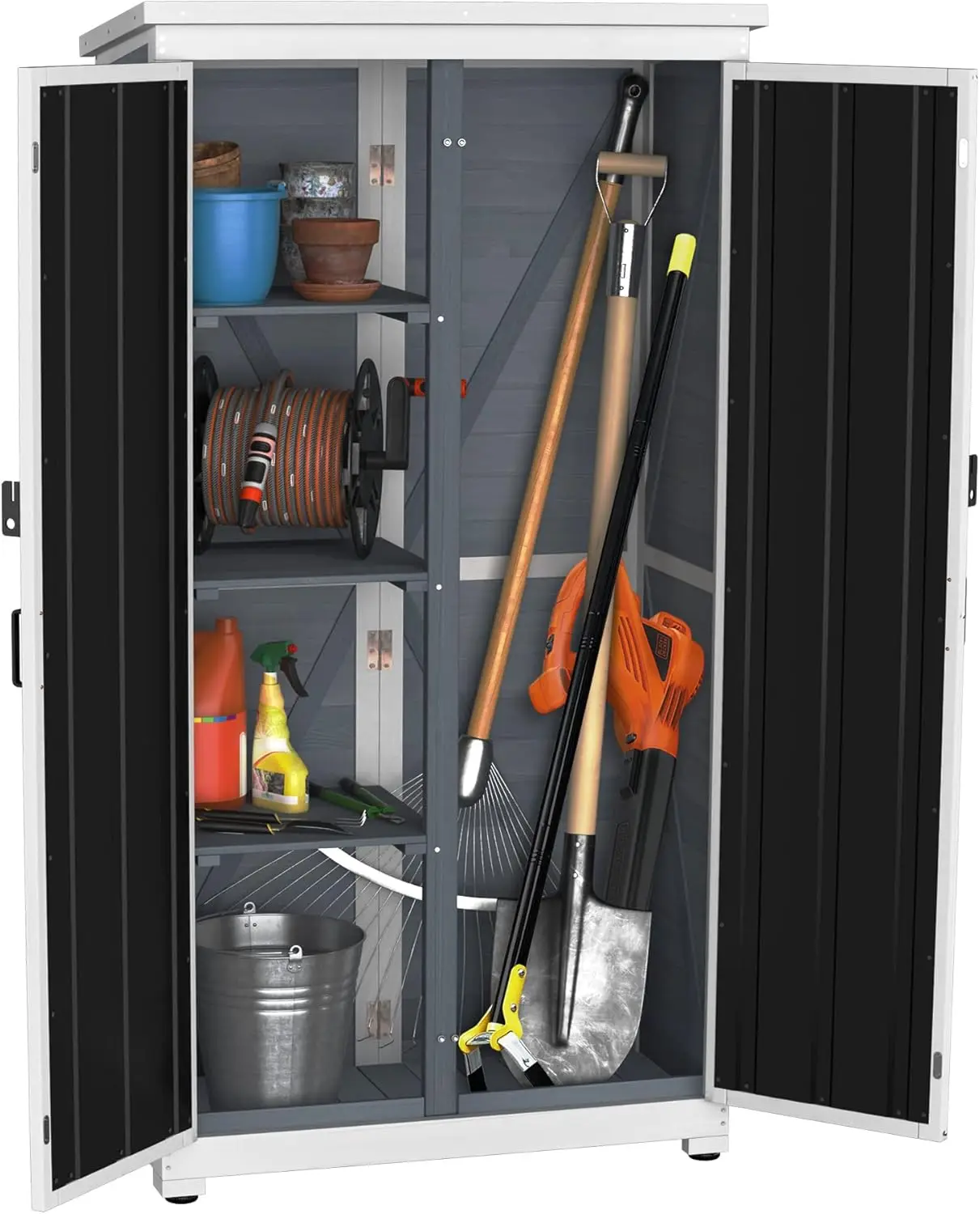 Outdoor Garden Storage Solution: Wood & Metal Cabinet with Waterproof Roof and Lockable Doors