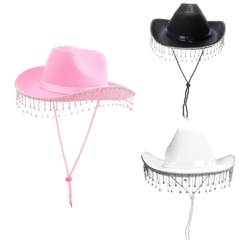 

Cowgirl Hat Rhinestones Fringe Glitter Wedding Hats for Dress Up Cosplays