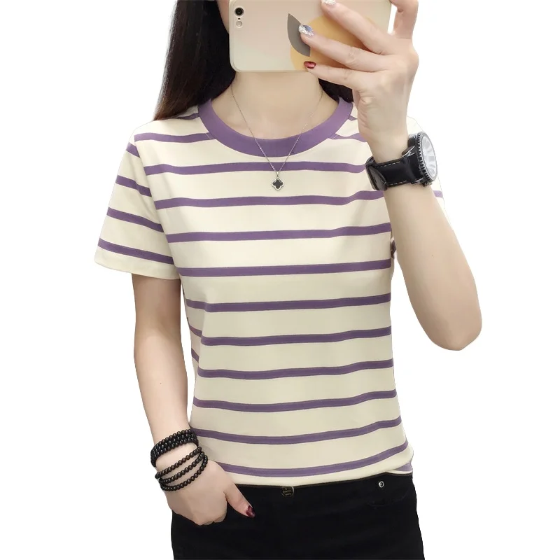

Summer Women's Cotton Short Sleeve T-shirt Plus Size Loose Striped Round Neck T-shirt Fashion Half Sleeve Top