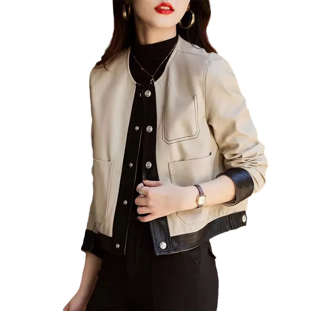 Manteaux en Faux cuir pour femmes, veste courte épissée, col rond, manches longues, simple boutonnage, ample, élégant, décontracté, automne hiver 2025