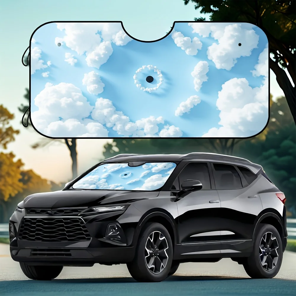 1 قطعة، حماية من الأشعة فوق البنفسجية قابلة للطي السماء الزرقاء والسحب البيضاء ظلة الزجاج الأمامي قناع حامي 4 أكواب شفط سهلة التركيب السيارات #1