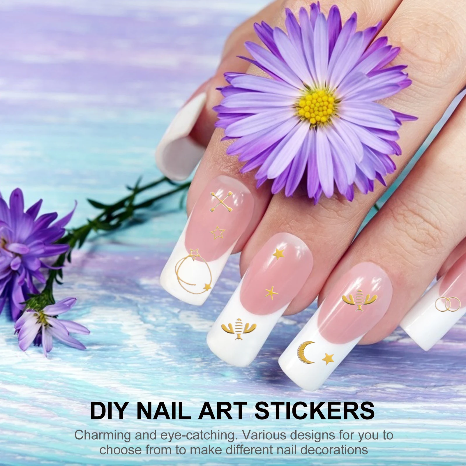 

10pcs Metal Nail Stickers Self Adhesive 3D Star Moon Design Long Lasting Shine DIY Nail Art Decorations For Women Girls