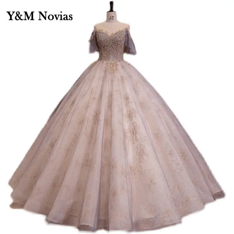 Y & M Novias قصيرة الأكمام الحلو 16 الذهب الزهور Quinceanera فستان Vestido دي 15 Anos دي Debutante 2022 جديد الكرة ثوب ثوب