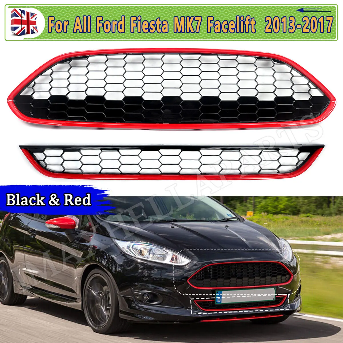 

Front Upper Lower Bumper Grille For Ford Fiesta Zetec-S MK7 7.5 2013 2014 2015 2016 2017 Honeycomb Racing Grills Grid Refit