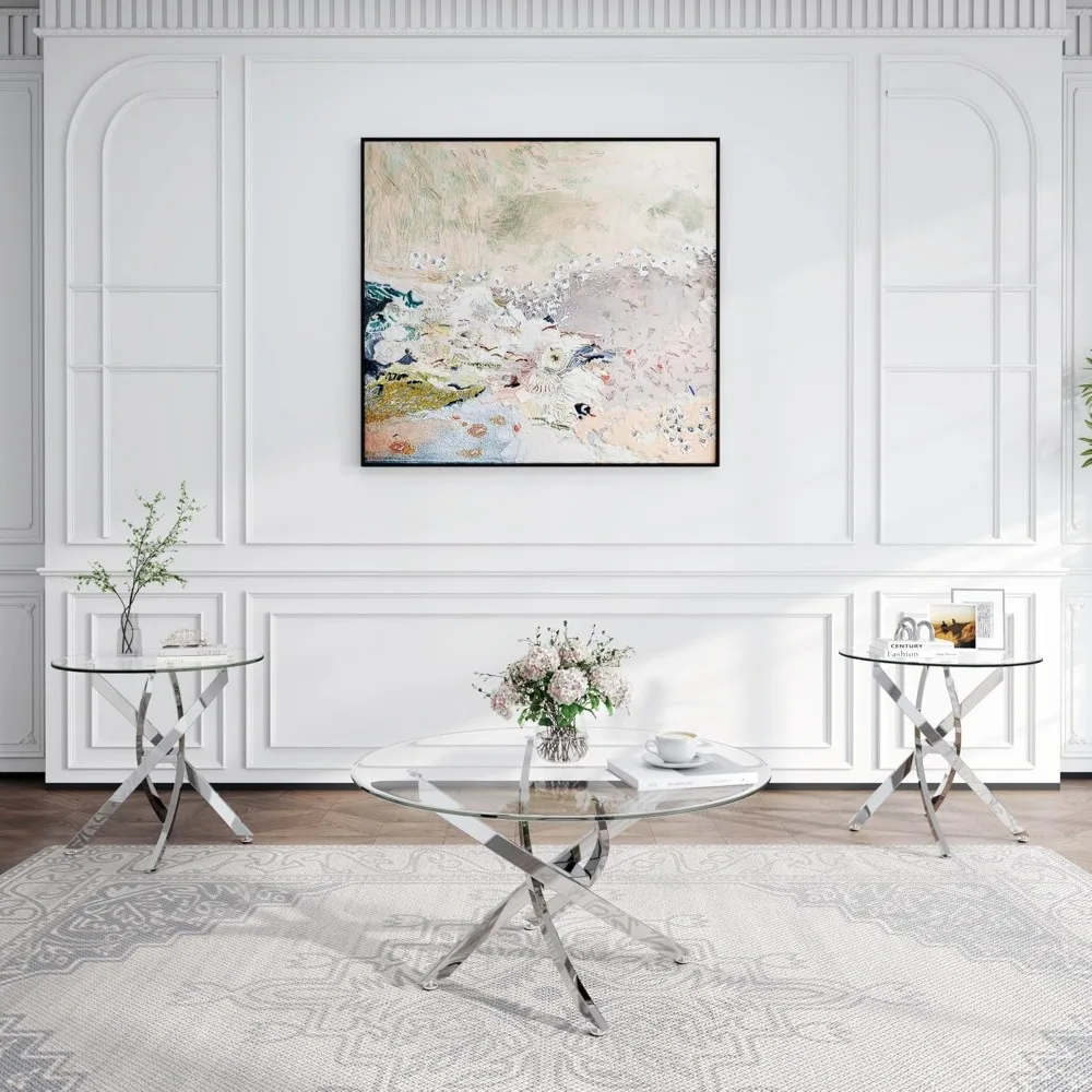 

round glass coffee table set of 3 modern living room table set 1 coffee & 2 end table set with stainless steel legs, clear cente