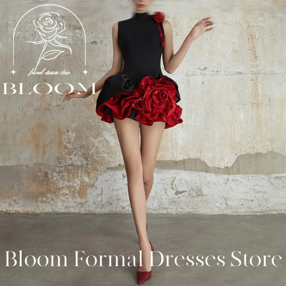 

Bloom Customized Sleeveless 3D Flowers Contrast Color Above Knee High Neck A-Line Secy Short and Elegant Party Gowns Tiered
