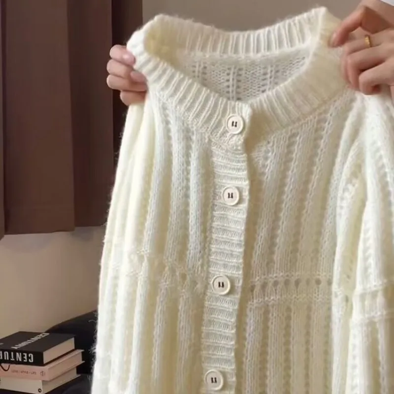 Women's Korean Lazy Style Early Autumn Hollow Knit Cardigan Loose Slim Sweater Coat Tops