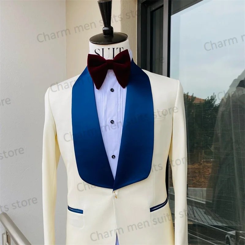 Splicing Color Men Suits Set Custom Made 2 Piece Blazer+Blue Pant Jacket One Button Office Formal Groom Wedding Tuxedo Prom Coat