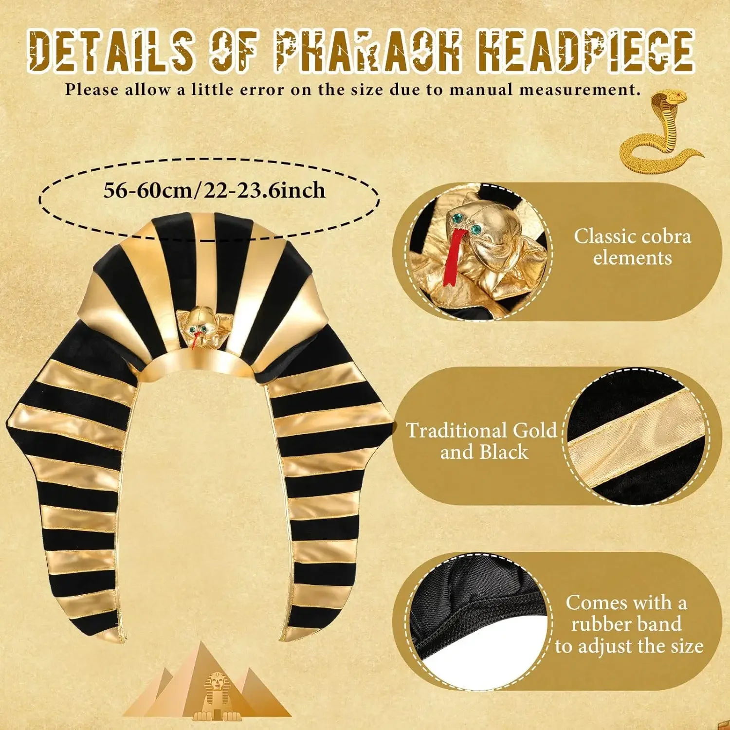 Egyptian Costume Accessory Set Pharaoh Hat Collar Egyptian Belt Cuffs Cobra Head Scepter for Men Halloween King Tut Cosplay