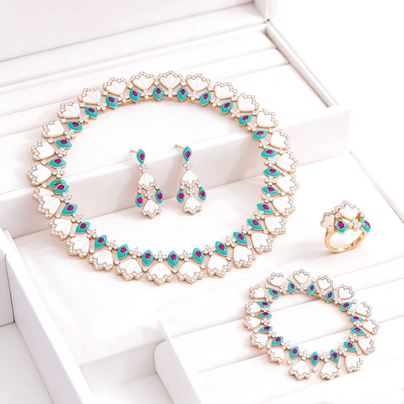 Vintage Fashion Style Ring Earrings Bracelet Necklace Women Lady Inlay Cubic Zircon Mother Of Pearl Tassels Party Jewelry Set