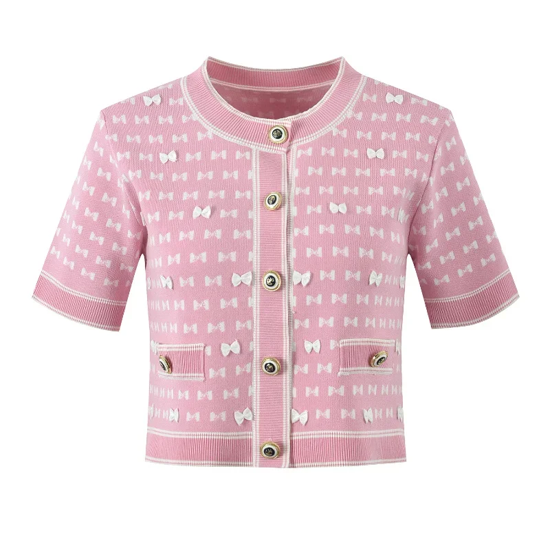 Women Sweet Bow Print Knitted Cardigan Single-breasted O Neck Short Sleeves Versatile Casual Black Pink Small Fragrance Top