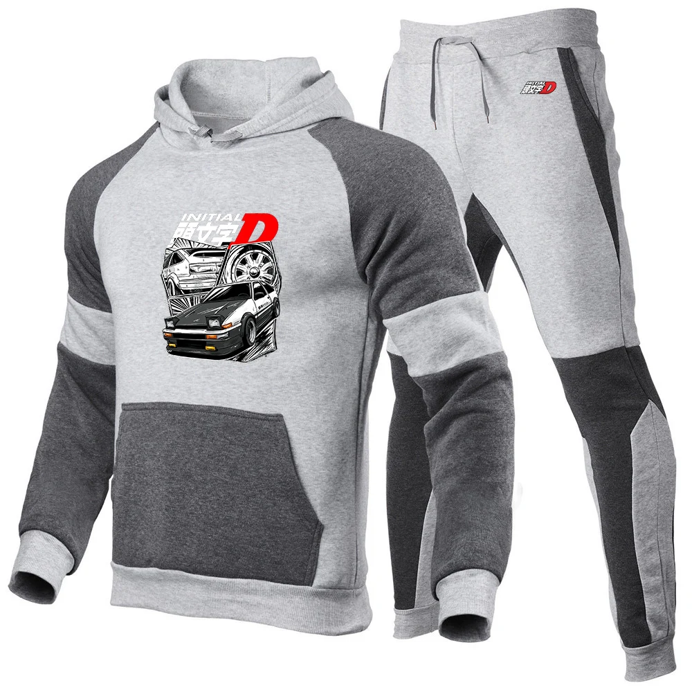 2025 Spring Autumn Men's Initial D JDM Car Illustration Logo Print Wrinkle-resistant Wear-resistant Hoodies Pants Sports Suits