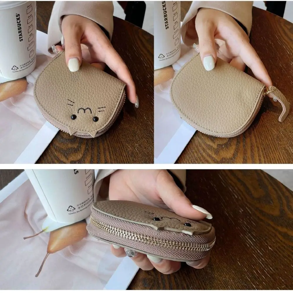 PU Leather Mini Card Wallet Cute Solid Color Cartoon Cat Business Card Case Anti-degaussing Coin Key Storage Bag Women