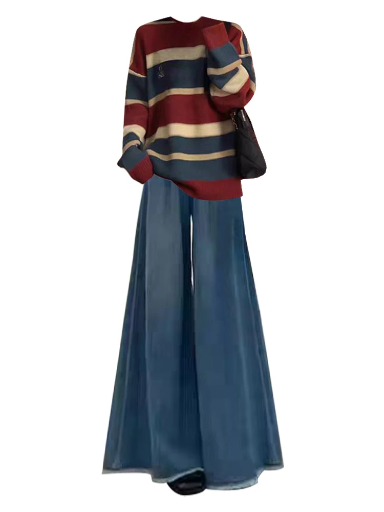 Herbst Amerikanischen Retro Gestreiften Gestrickte Pullover frauen Casual Lose Abnehmen Jeans Zwei-Stück Set Komfortable Koreanische Sle Wint...