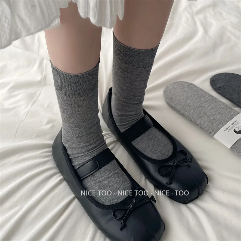 SP&CITY Summer Gray Mid Tube Pile Socks Women\'s Lolita Anti Pilling Cotton Socks Korean Simple Solid Color Casual Long Socks