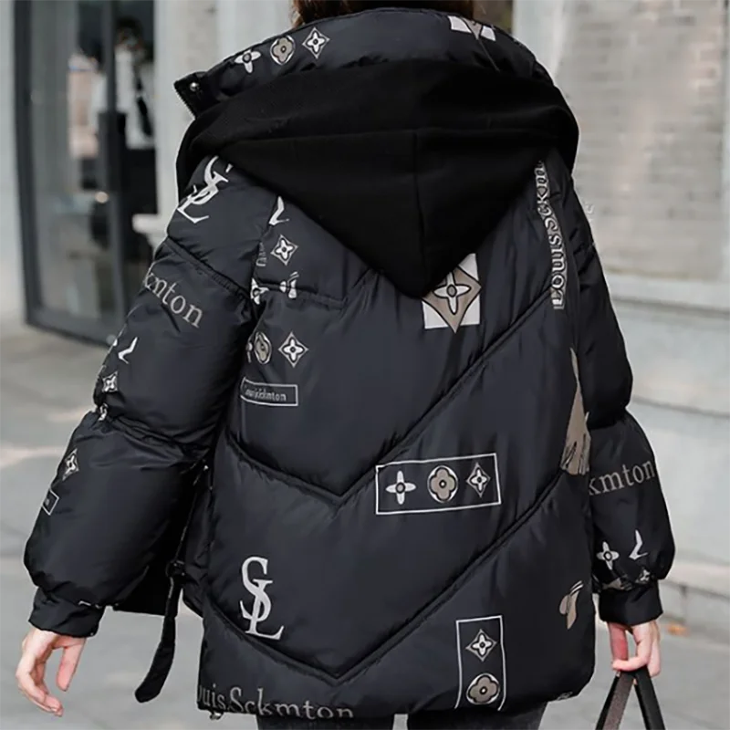 Winter Women Loose Print Cotton Coat Hooded Spliced Fashion Vintage Elegant Thicken Jacket Female Drawstring Casual Warm Parkas