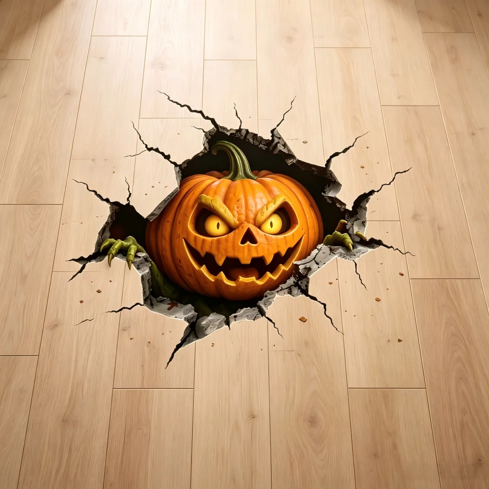 1 evil pumpkin lantern wall breaking floor sticker, suitable for Halloween atmosphere