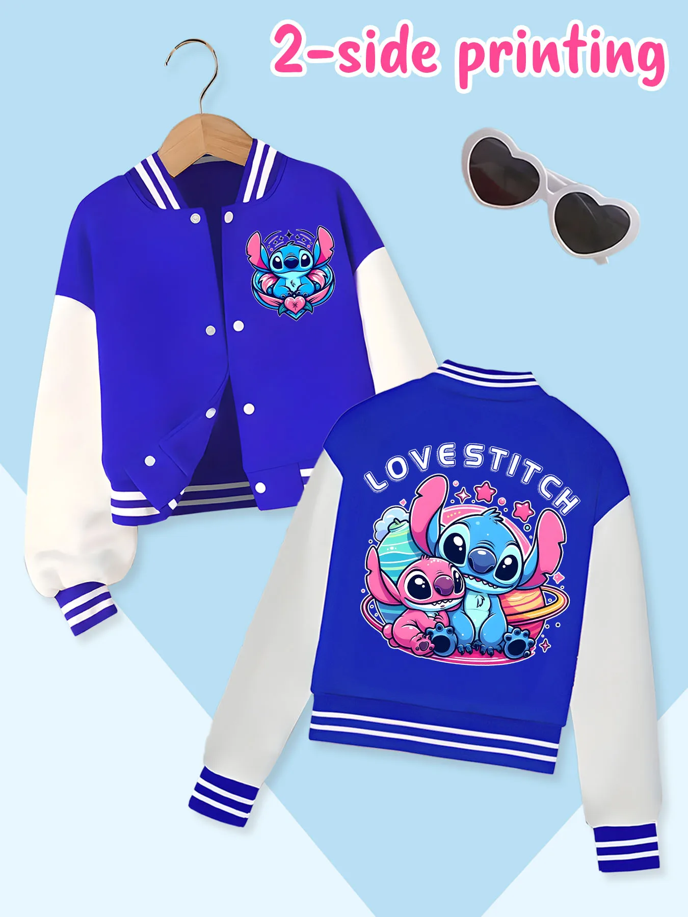 Disney fashion trend baseball jacket, suitable for daily sports and casual wear, printed with cute Stitch pattern, nice gift.