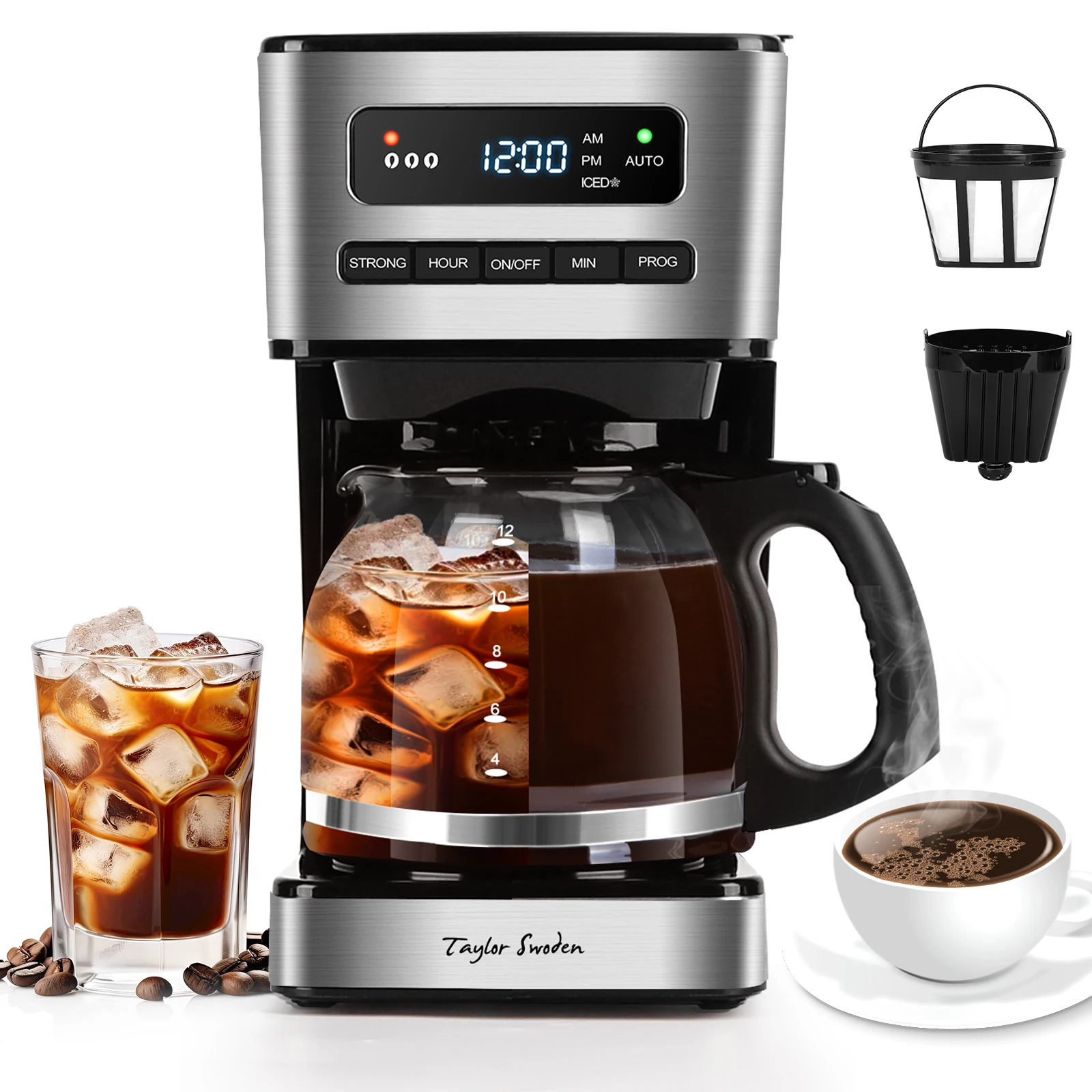 Taylor Swoden Kaffeemaschine 1,8L mit 24H Timer, Eiskaffee-Modus, 3-stufige Stärkeauswahl automatische Reinigung, Filterkaffeemaschine mit Glaskanne & Tropf-Stopp, Wiederverwendbarem Filter, Schwarz