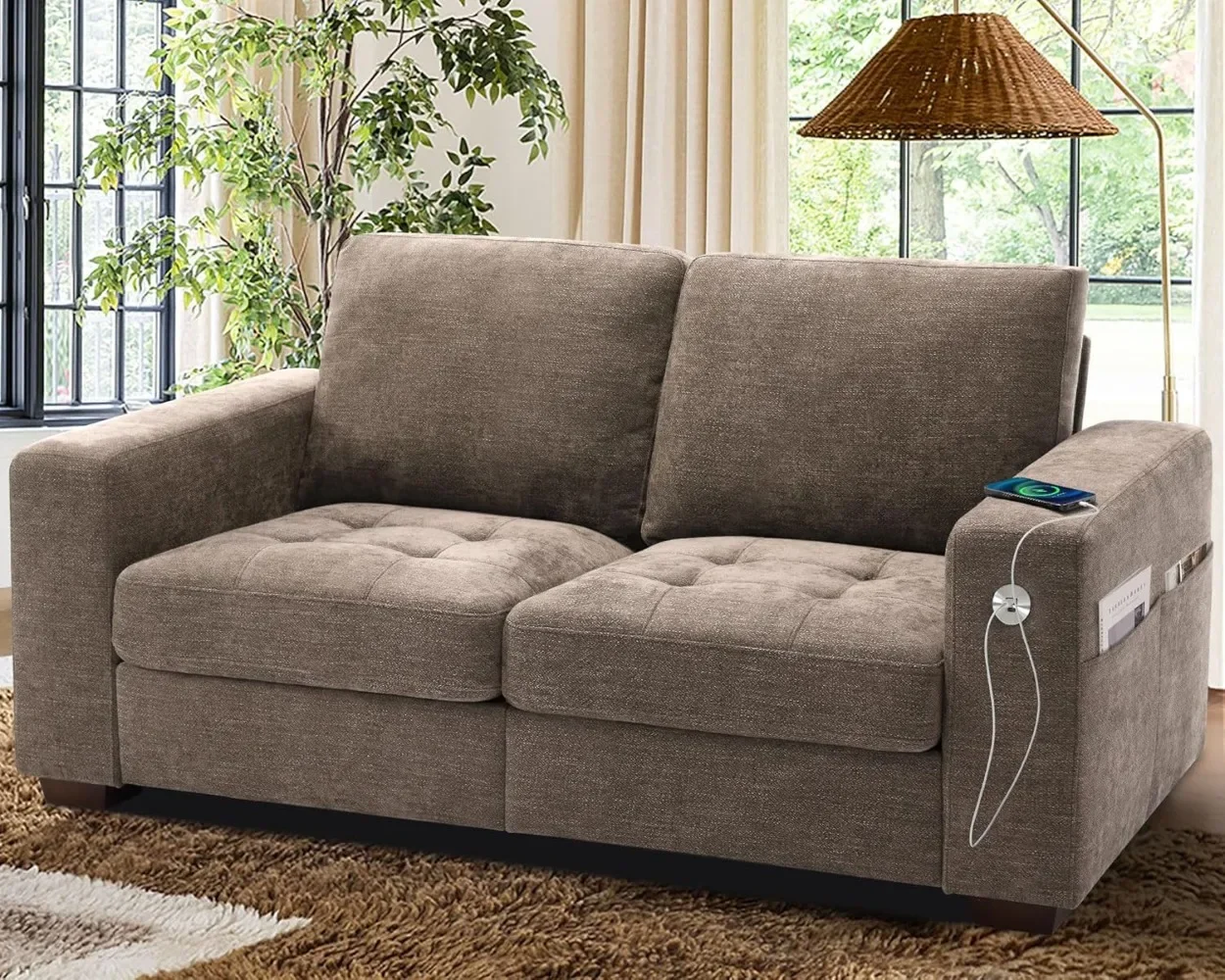 70 Inch Sofa Couch, Modern Loveseat Couch with Removable Covers and USB Ports, Large Chenille Comfy Sofa for Living Room