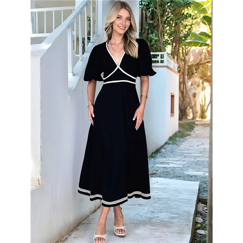 فستان CYL-Women's 2025 رسمي أنيق كاجوال بياقة على شكل V وأكمام منتفخة على شكل حرف a فستان ماكسي متأرجح #2