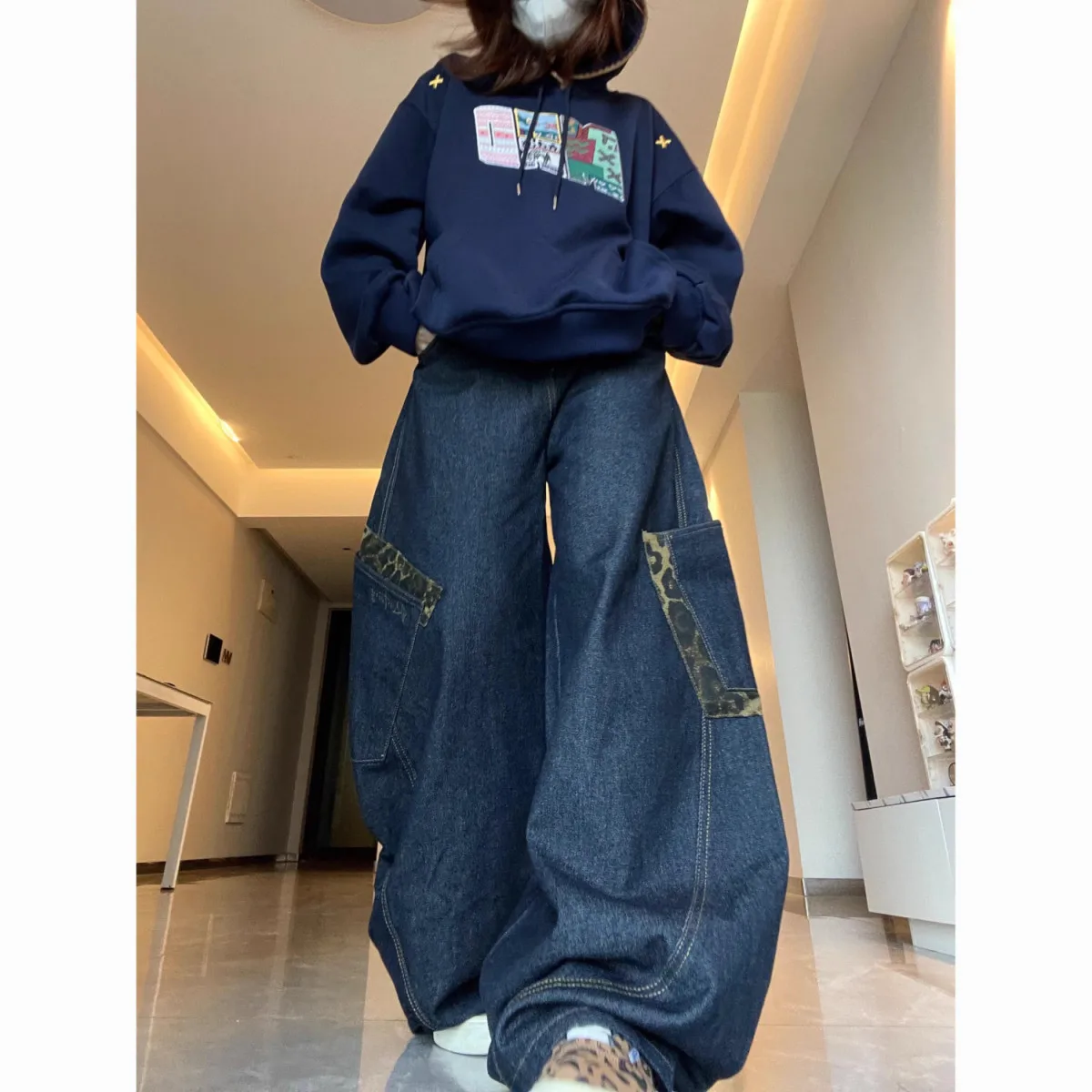 

Широкие брюки в стиле Harajuku с леопардовым принтом и элементами пэчворка, женские, уличный стиль, Y2K, свободные джинсы в стиле хип-хоп, американский винтажный готический стиль, джинсовые брюки.