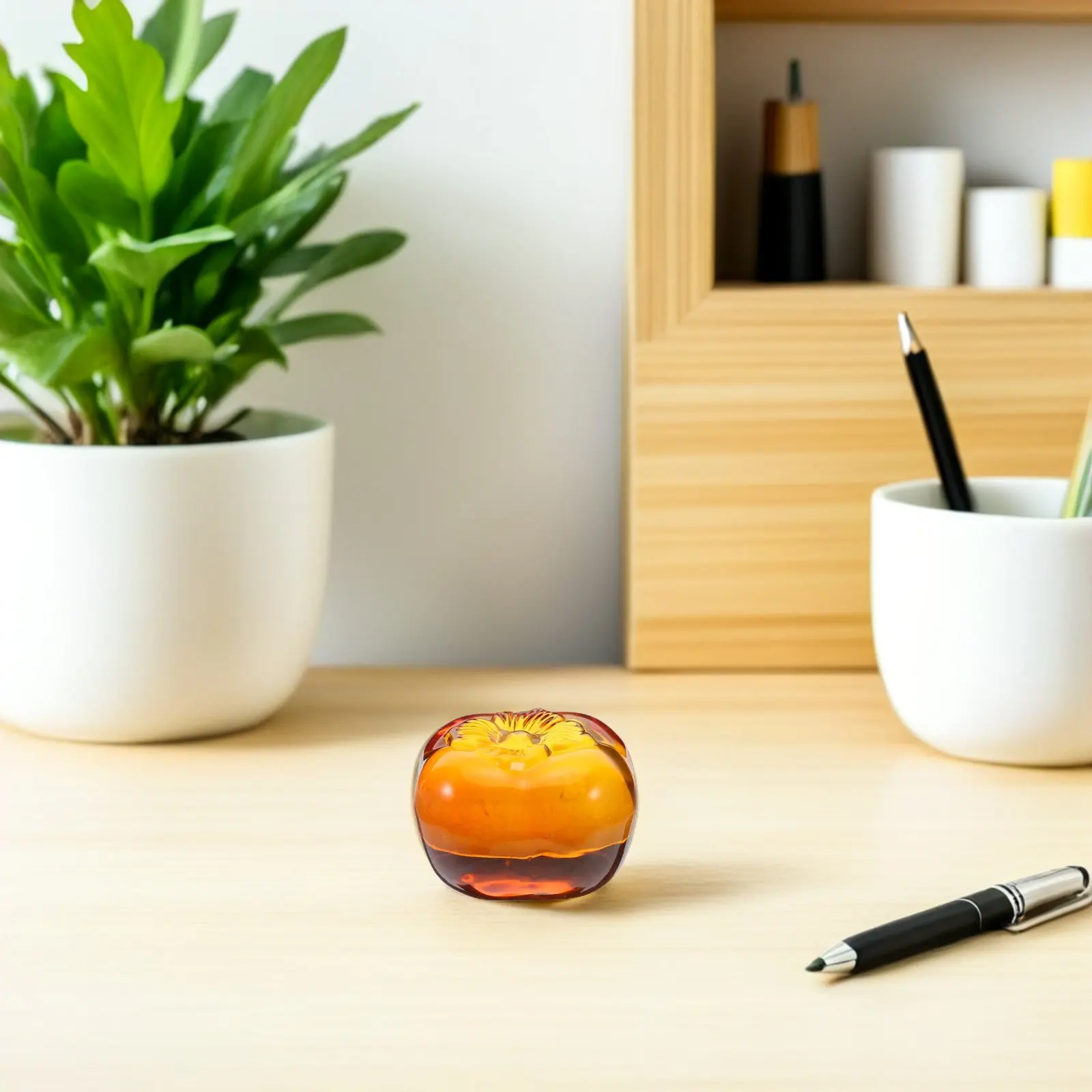 Crystal Persimmon Paperweight Heavy Glass Desk Accessory Realistic Fruit Design for Chinese Calligraphy Sewing Crafts Office