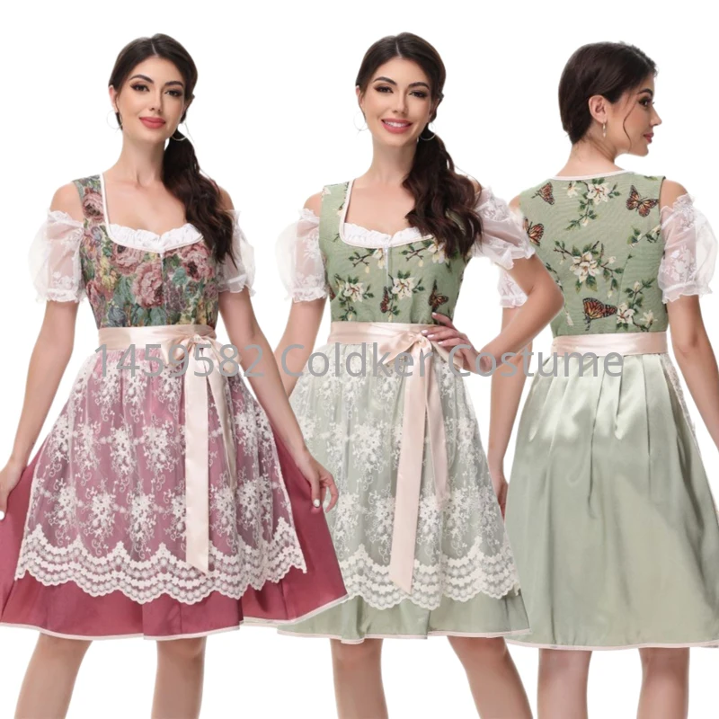 

Beer Festival Women Drees Oktoberfest Costume Vintage Flower Print Off Shoulder Lace Stitching A-line Dress Maid Cosplay Costume