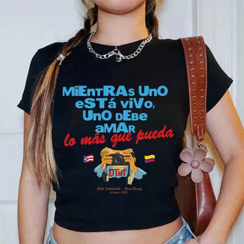 Y2K Puerto Rico Singer 2026 Tour Concert Crop Top Women's Print Round Neck 100% Cotton Shirt Vintage Sexy Tees