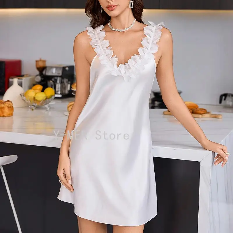 New European American Lace Trim Women Pajama Set V-Neck Sexy Spaghetti Strap Nightgown with Robe Homewear Sleepwear