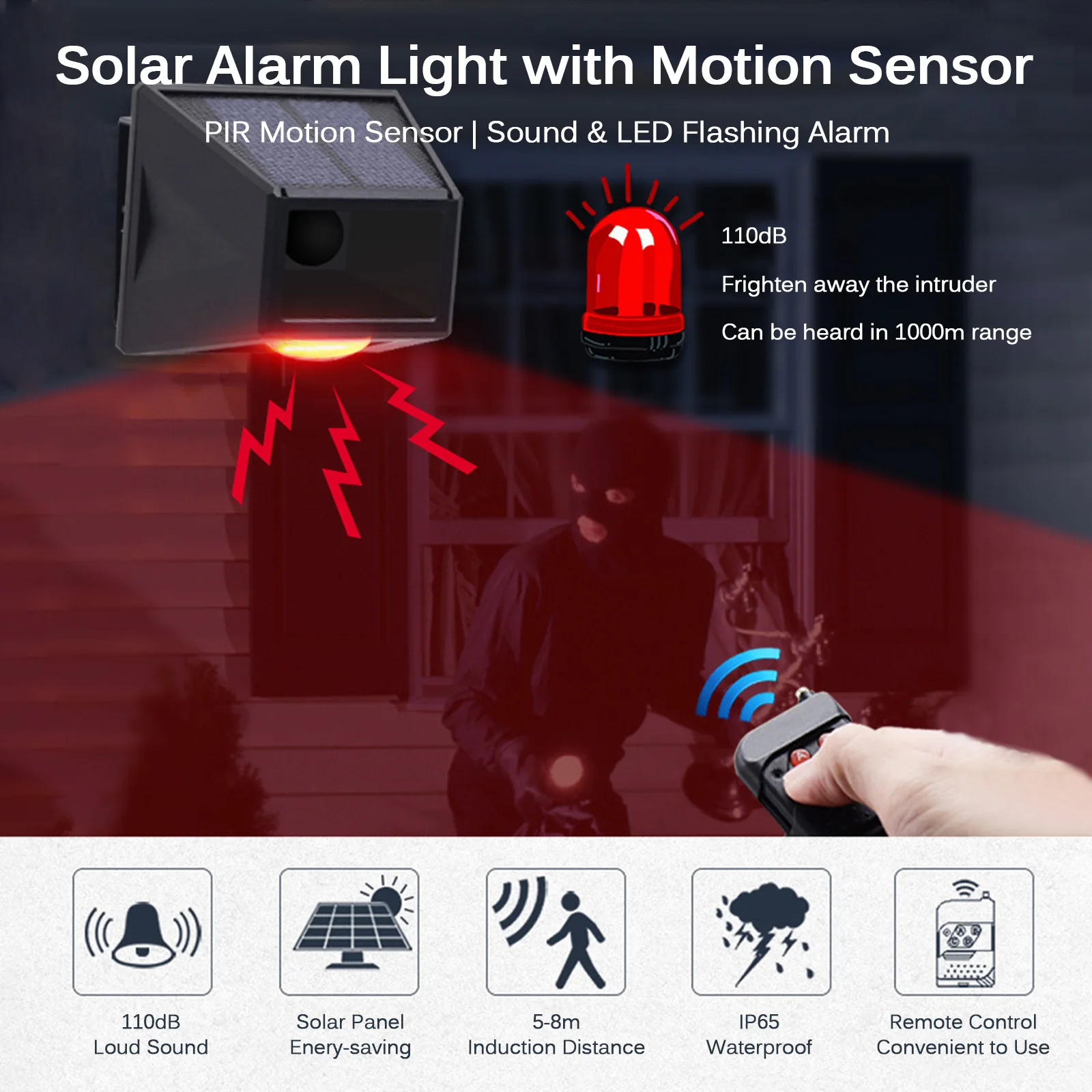 Motion Sensor Solar Alarm Light 129dB Loud Siren LED Strobe Lights with RF433MHz Remote Controller Outdoor IP65 Waterproof Recha