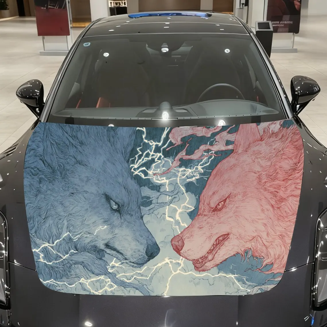 Striking Lightning Wolf Pair Auto Cover Sticker, Waterproof and Self-adhesive Auto Hood Decal, Auto Vinyl Wraps, Cool Car Exteri