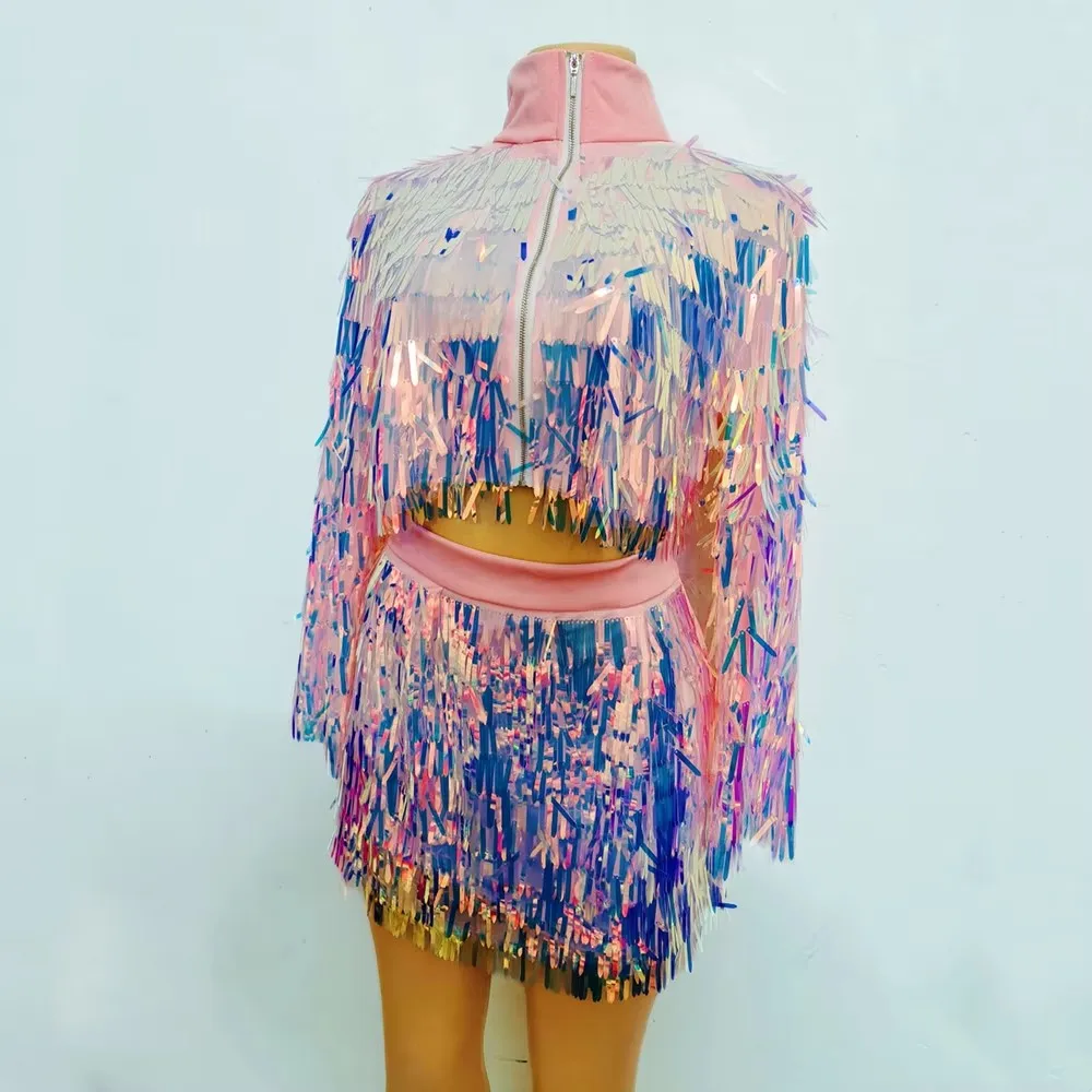 بريق الترتر شرابة سترة قصيرة تنورة الرقص الزي نادي ملهى ليلي المرأة مرحلة ارتداء عيد ميلاد الرقص حفلة الأداء زي