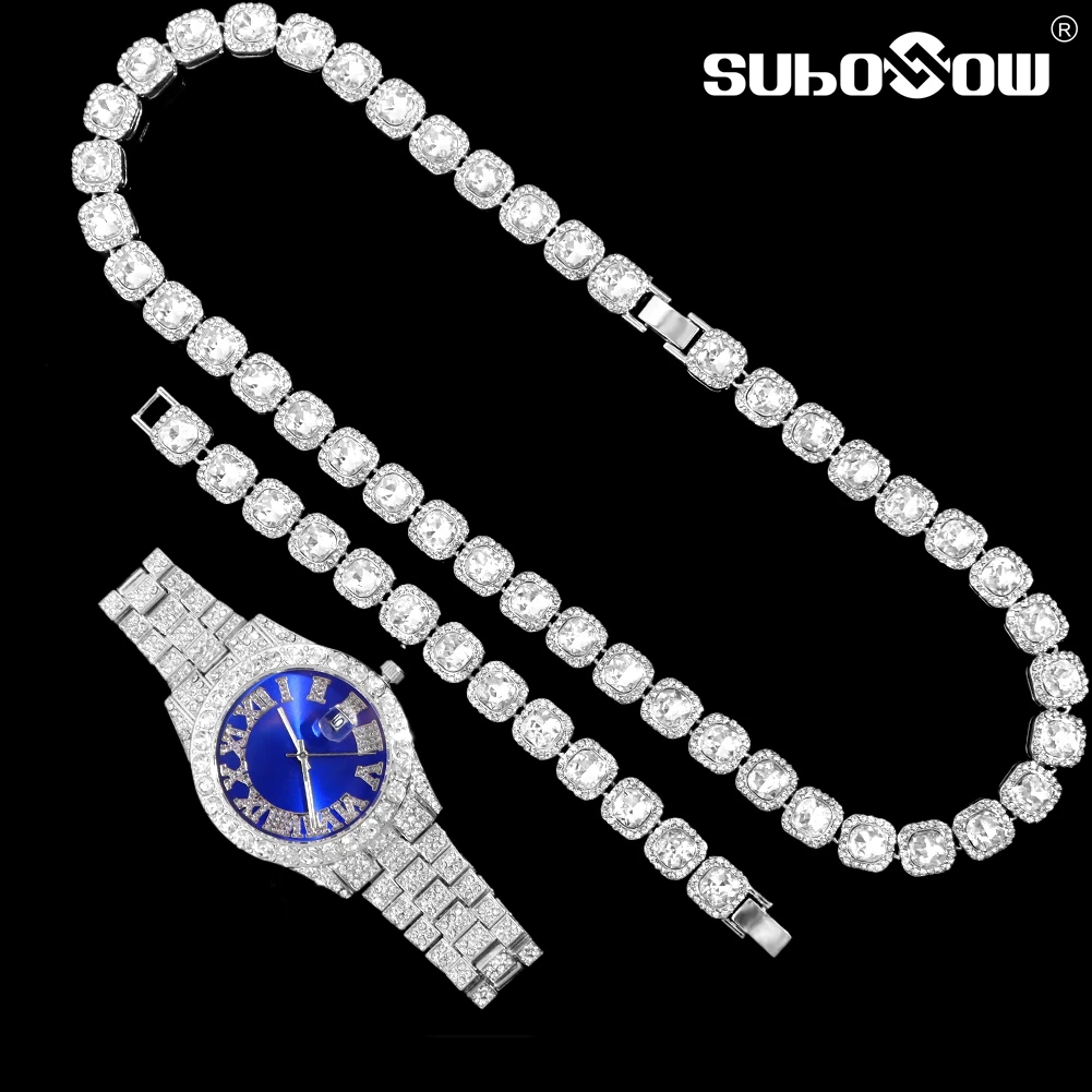 Hip Hop Men Women Bling Crystal Square Tennis Chain Necklaces Set Iced Out Full Rhinestones Bracelet Watch Jewelry Party Gift