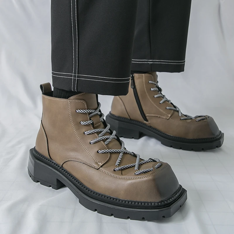 

Модные брендовые противоскользящие уличные ботинки с круглым носком на толстой подошве, осенние мужские удобные кожаные туфли на шнуровке с боковой молнией и высоким берцем