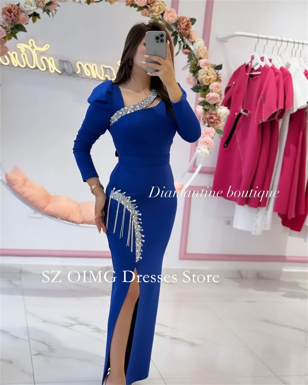 OIMG 2024 New Summer Women\'s Maxi Blue Crepe Satin Prom Dress Customized Fashion Celebrity V-Neck Crystals Simple Party Dress