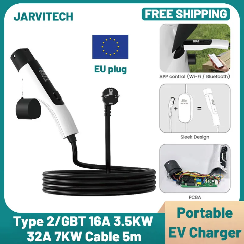 

Portable EV Charger 3.5KW 16A 7KW 32A 5M Cable Type2 IEC62196 EVSE EU Plug Wallbox Adapter For Electric Vehicle All-in-One APP