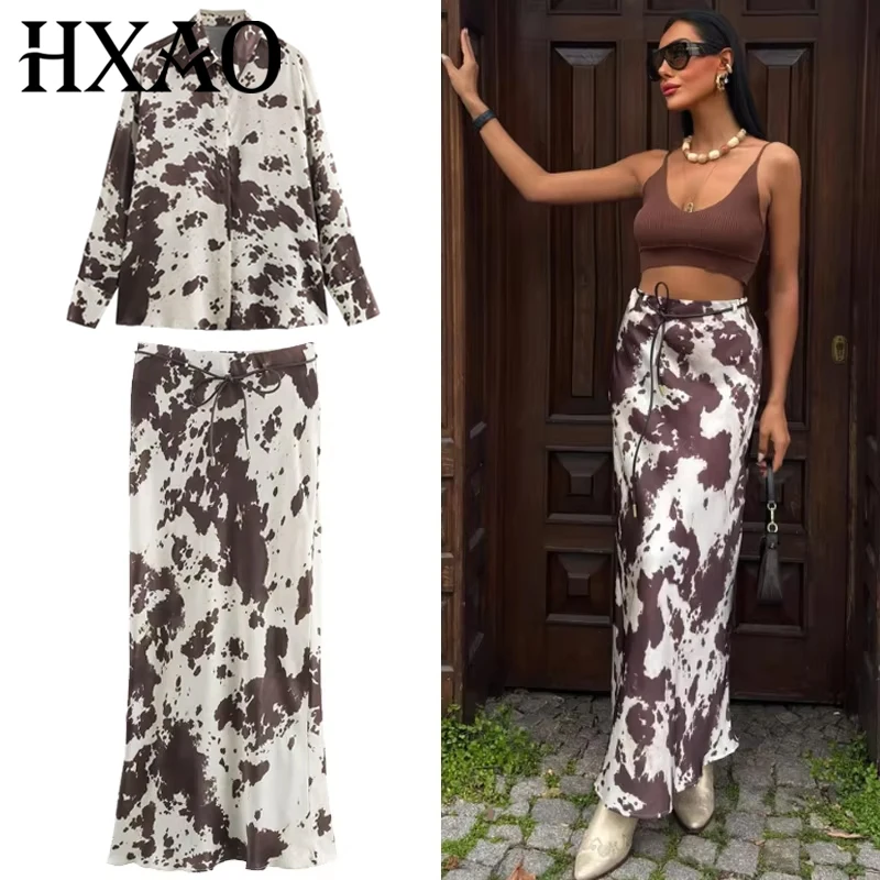 

HXAO Комплект атласной юбки с принтом, женский костюм, рубашка большого размера с длинными рукавами, комплект из 2 предметов, женский наряд, комплекты юбки на шнуровке с высокой талией 066
