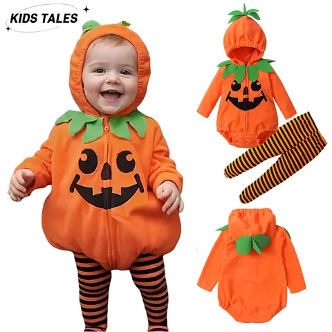 2025 Halloween Baby Romper Sets Infant Boys Girls Cosplay Pumpkin Hooded+Striped Pants Costume Newborn Toddler Jumpsuit Clothes