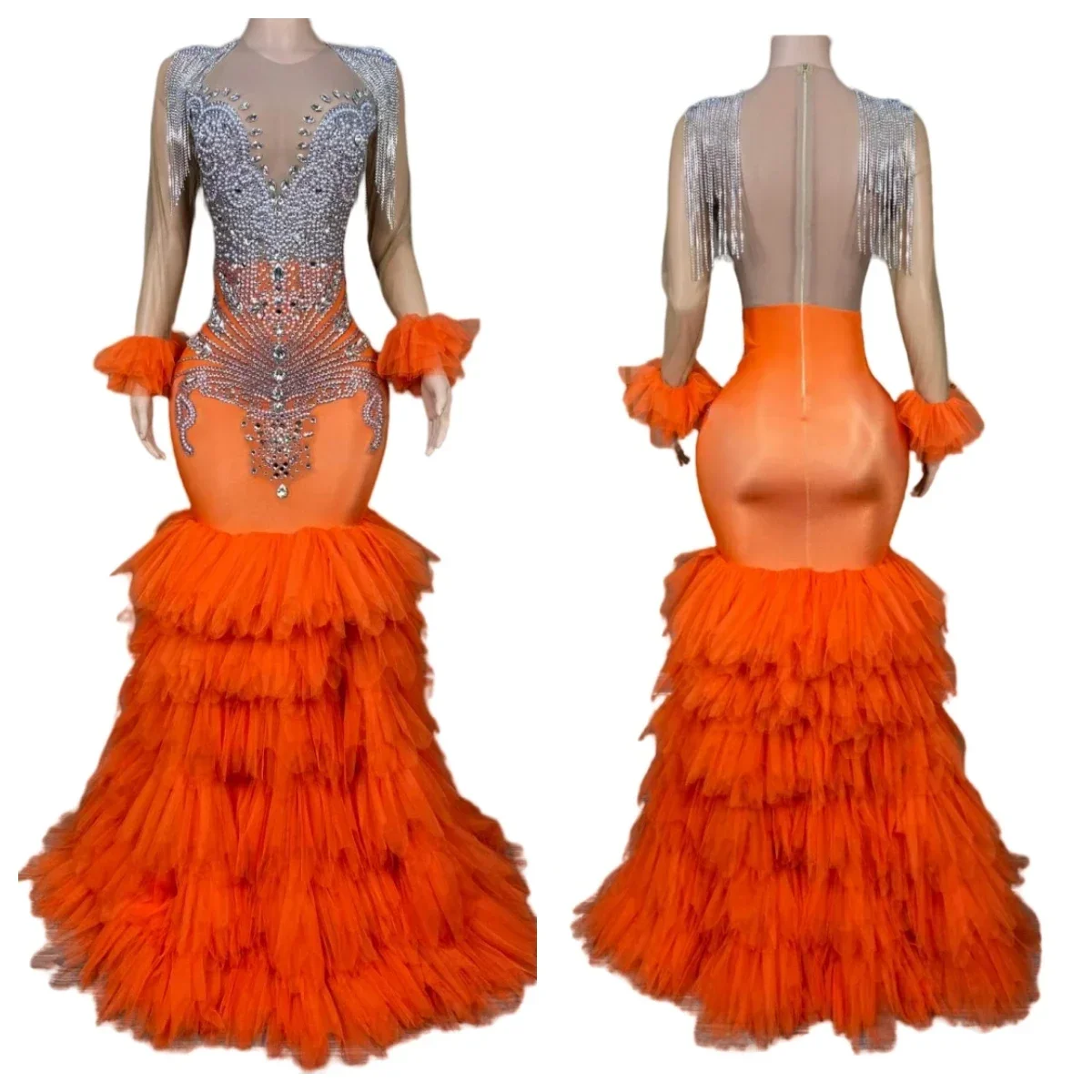 Orange Rhinestone Dresses Mesh Floor Long Dress Birthday Evening Prom Wedding Stage Wear Drag Queen