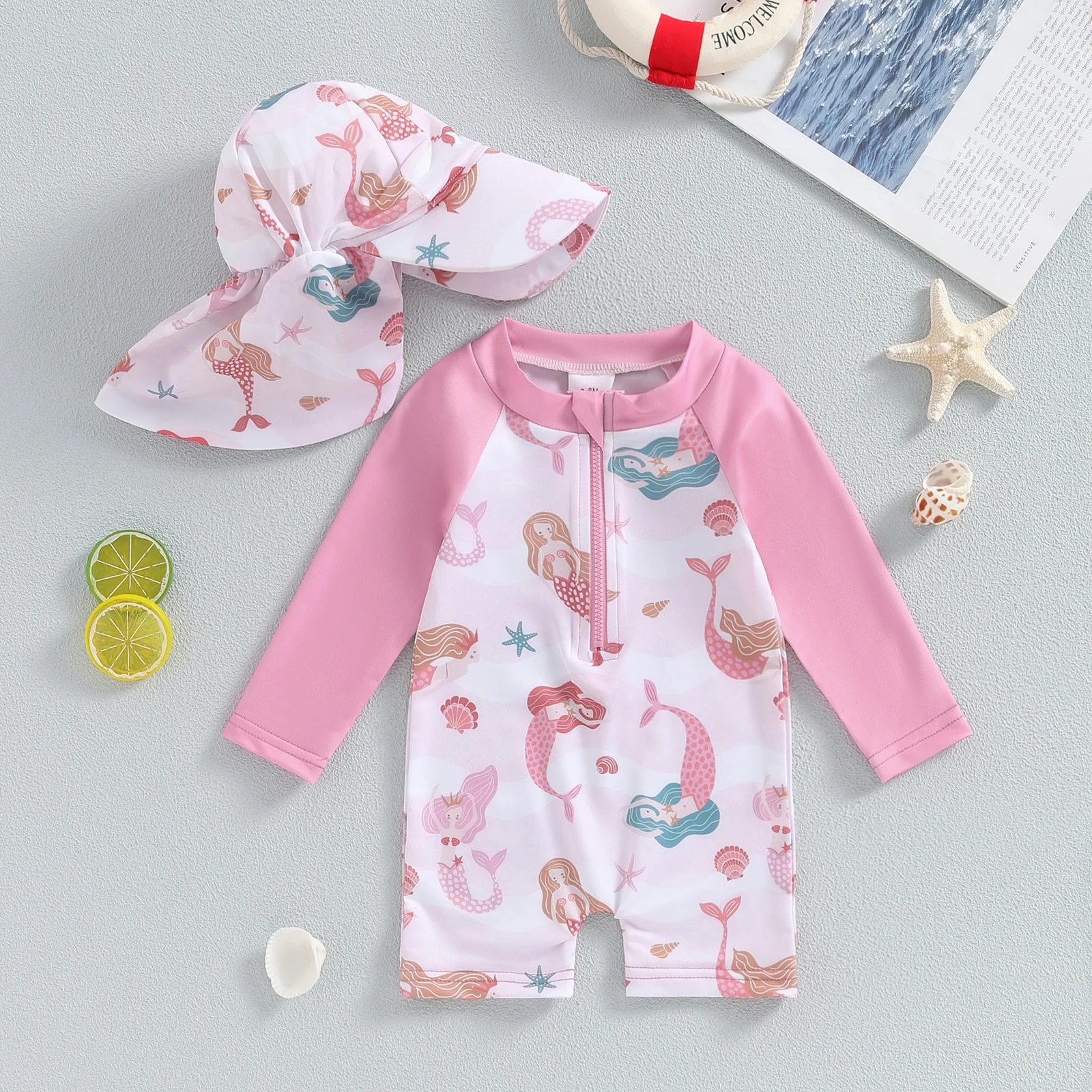 

Baby Girls Bathing Suit Set Sea Shell Print Long Sleeve Rash Guard Swimsuit Wide Brim Sun Hat Infant Toddler Beachwear Swimwear