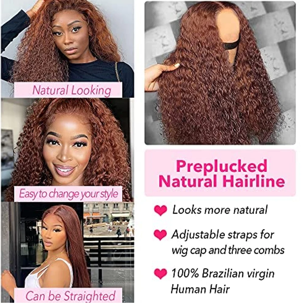 360 Full Reddish Brown Kinky Curly 13X4 Lace Front Wigs For Women Copper Red Pre Plucked With Baby Hair 5x5 HD Lace Closured Wig