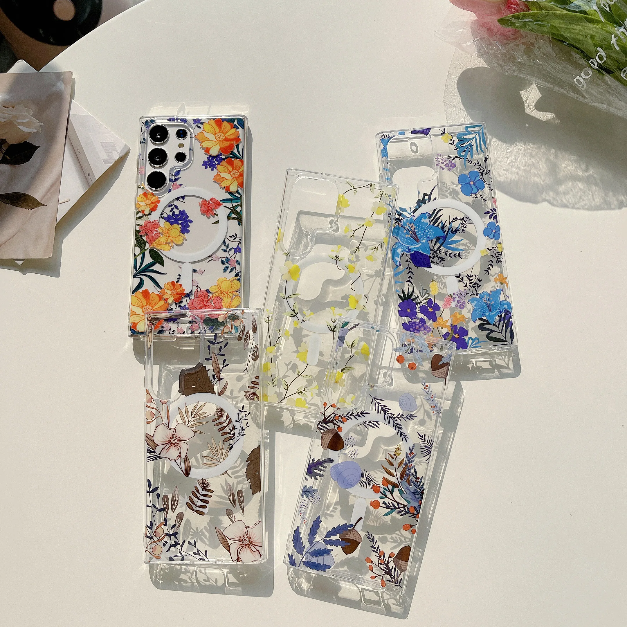 For Samsung S22 S23 S24 Plus Ultra Luxury Cute Lady Flower Tree Leaf Transparent Magnet Phone Case Cover