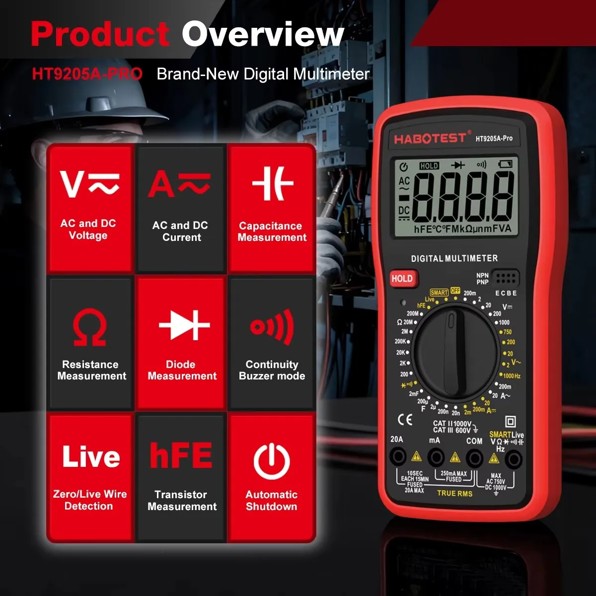 HABOTEST HT9205A-PRO True RMS Digital Multimeter 2000 Counts AC/DC Voltage Current Resistance Capacitance Electrician Tester