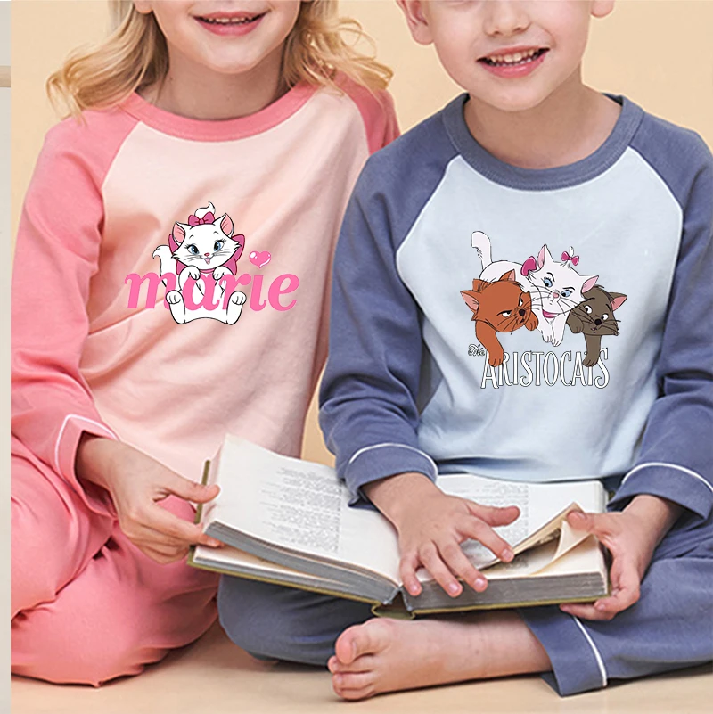 New Children's Pajamas Sets Aristocats Marie Cat Cartoon Long Sleeved with Pants Boys Girls Sleepwear Spring Autumn Clothes