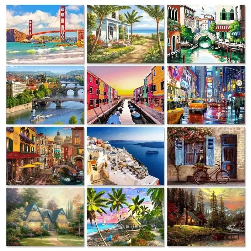 

945051 Painting By Numbers City For Adult Kit Landscape Oil DIY HandPaint Canvas Paint Coloring Picture Home Decor