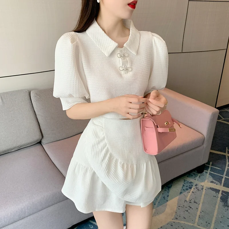 

Summer New Arrival Women White Polo Shirt Puff Sleeve Ruffle Short Skirt Two Piece Dress Set Simple Fashion