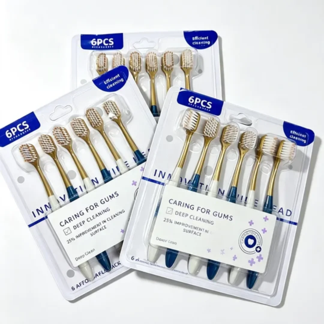 Cost effective and economical wide head household 6-pack adult soft bristled toothbrush for both men and women