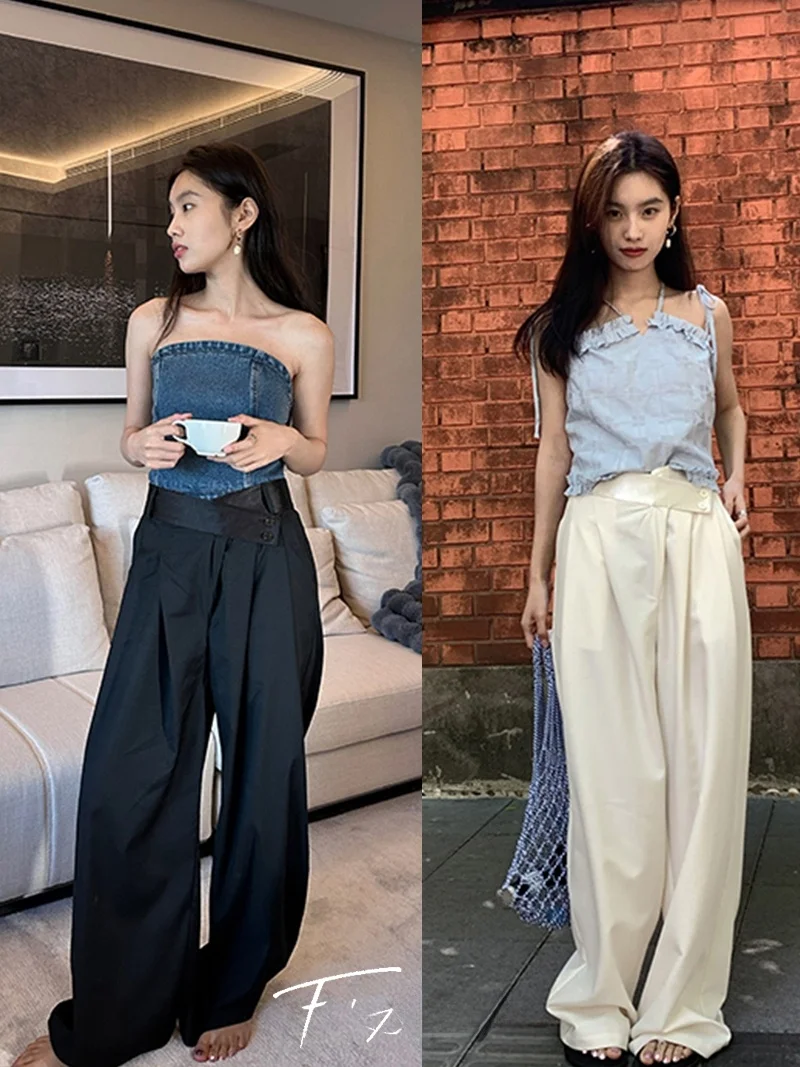 하이웨이스트 드레이핑 와이드 레그 팬츠 아세테이트 허리밴드 캐주얼 쿨 여성용 롱 팬츠 바닥까지 오는 길이 폴리에스터 혼방 원단