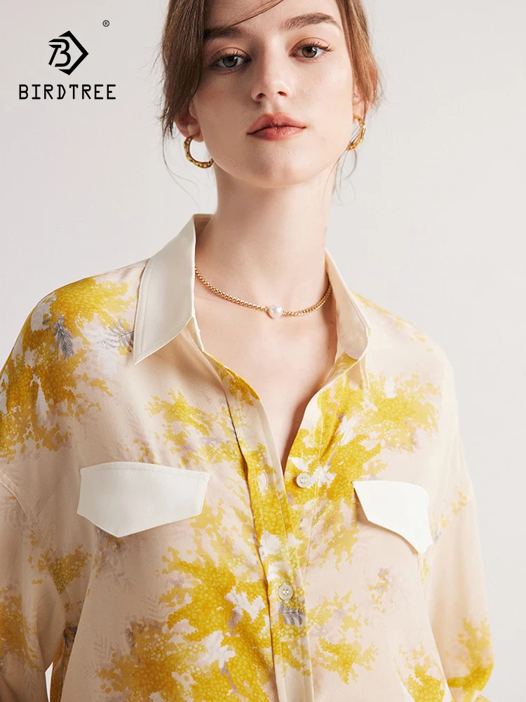 BirdTree-Camisa elegante em crepe duplo para mulheres, 100% seda real, estampa manga comprida, blusa casual francesa solta, T49423CC, verão e outono